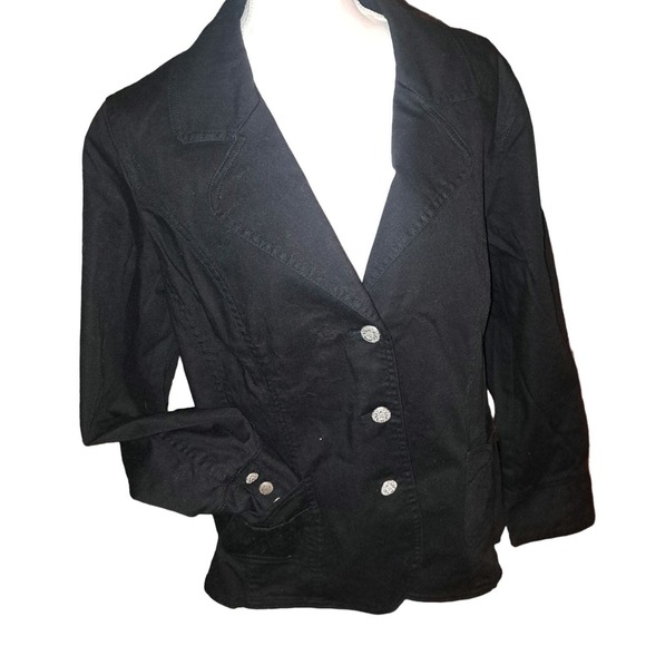 NWT-Denim & Co Sz L Black Stretch Denim Blazer with Silver Flowered Buttons - Picture 3 of 13